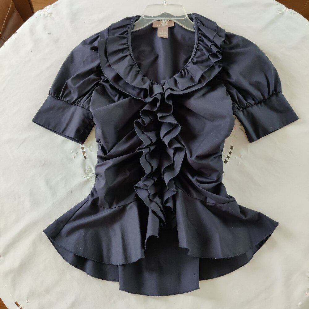 Kenar SZ-S NAVY Blue Ruffle Button Down Blouse